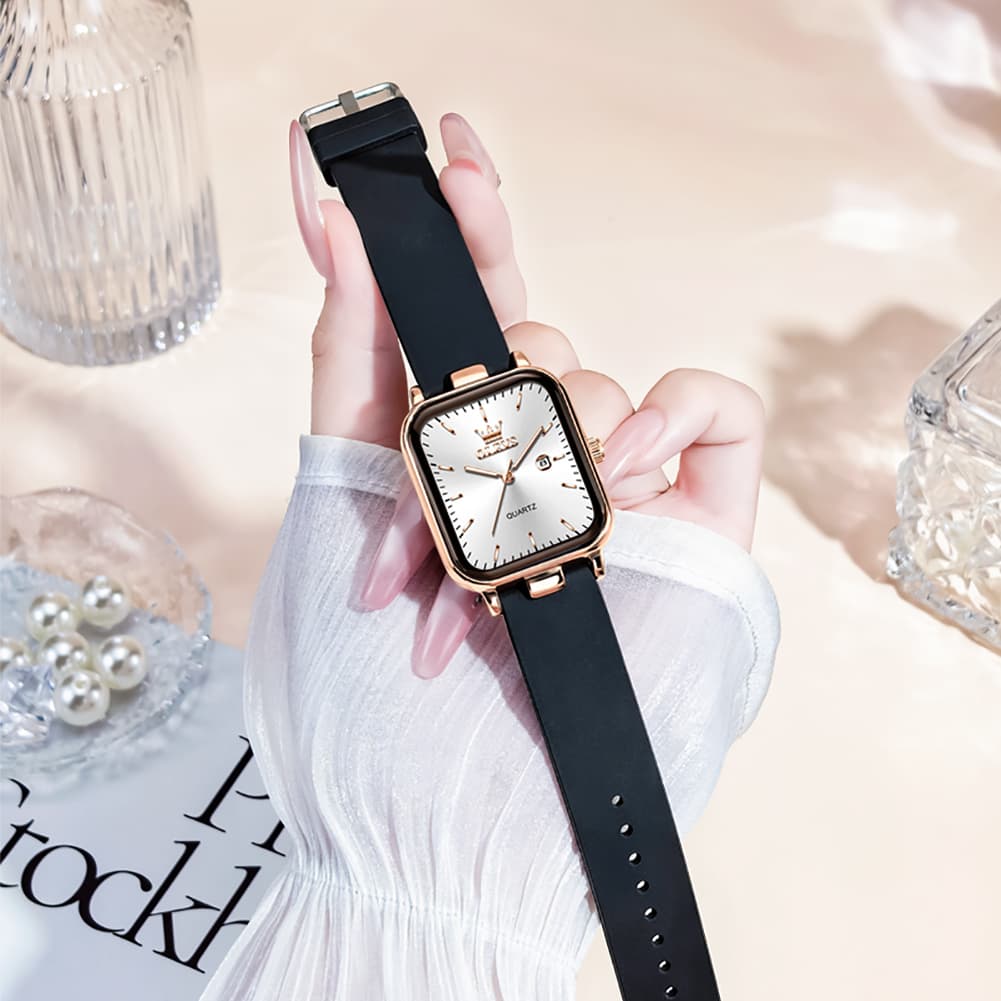 OLEVS 7089 Silicone Strap Watch Retro Square Date Quartz Sport Luxe Timepiece for Women - Silver White | Olevs Watch Store