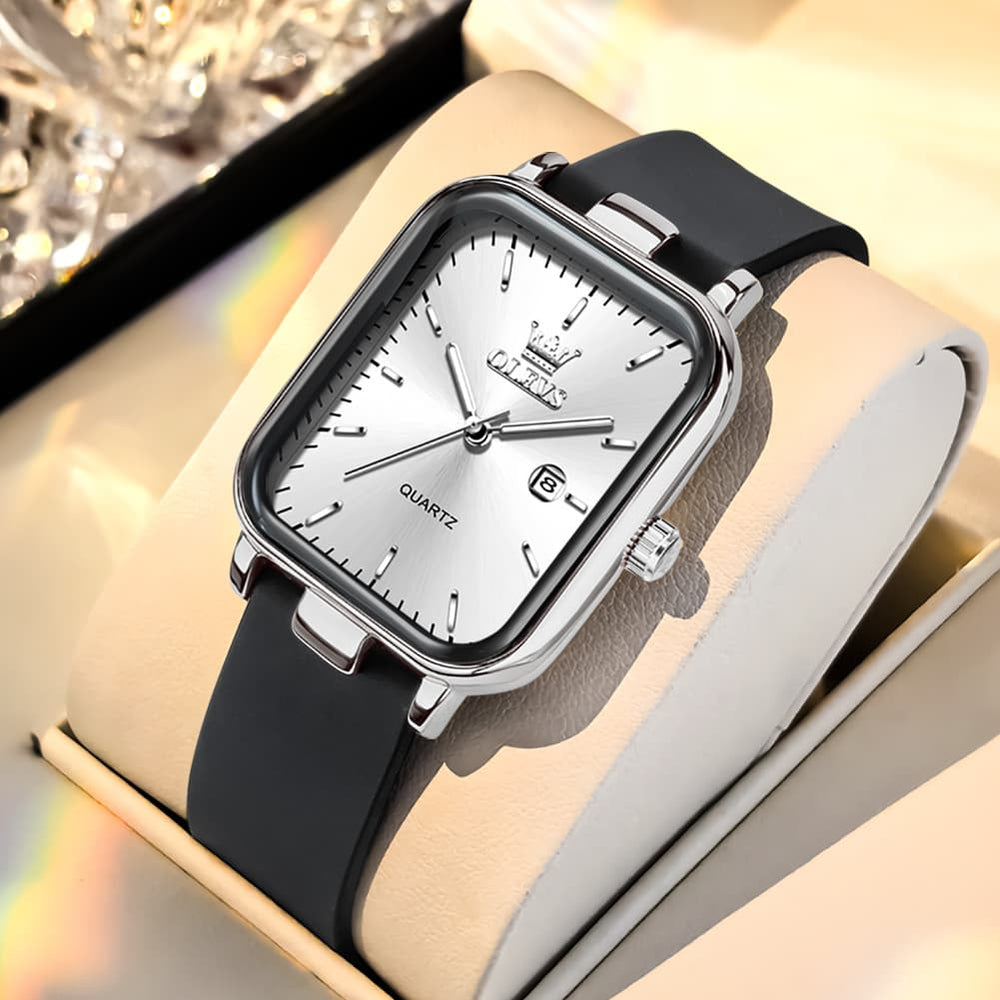 OLEVS 7089 Silicone Strap Watch Retro Square Date Quartz Sport Luxe Timepiece for Women - Silver White | Olevs Watch Store