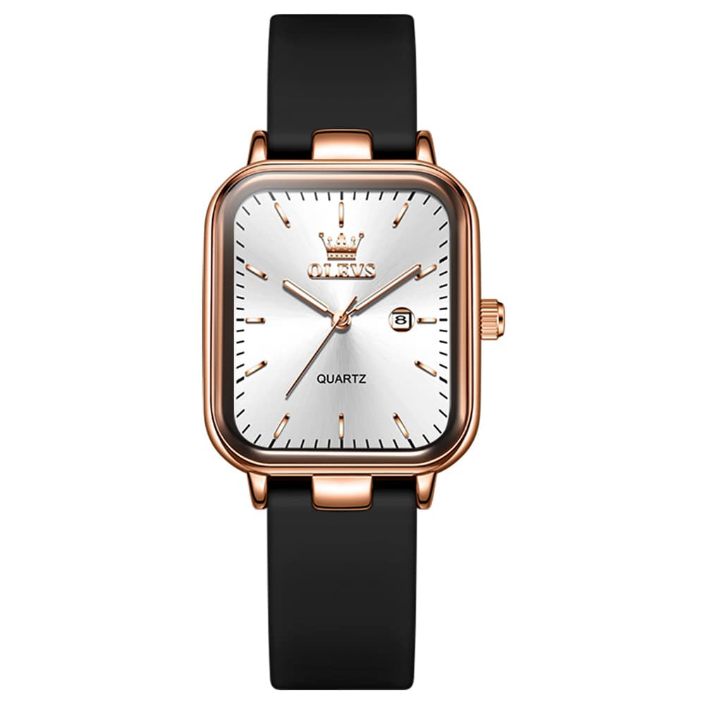 OLEVS 7089 Silicone Strap Watch Retro Square Date Quartz Sport Luxe Timepiece for Women - Silver White | Olevs Watch Store
