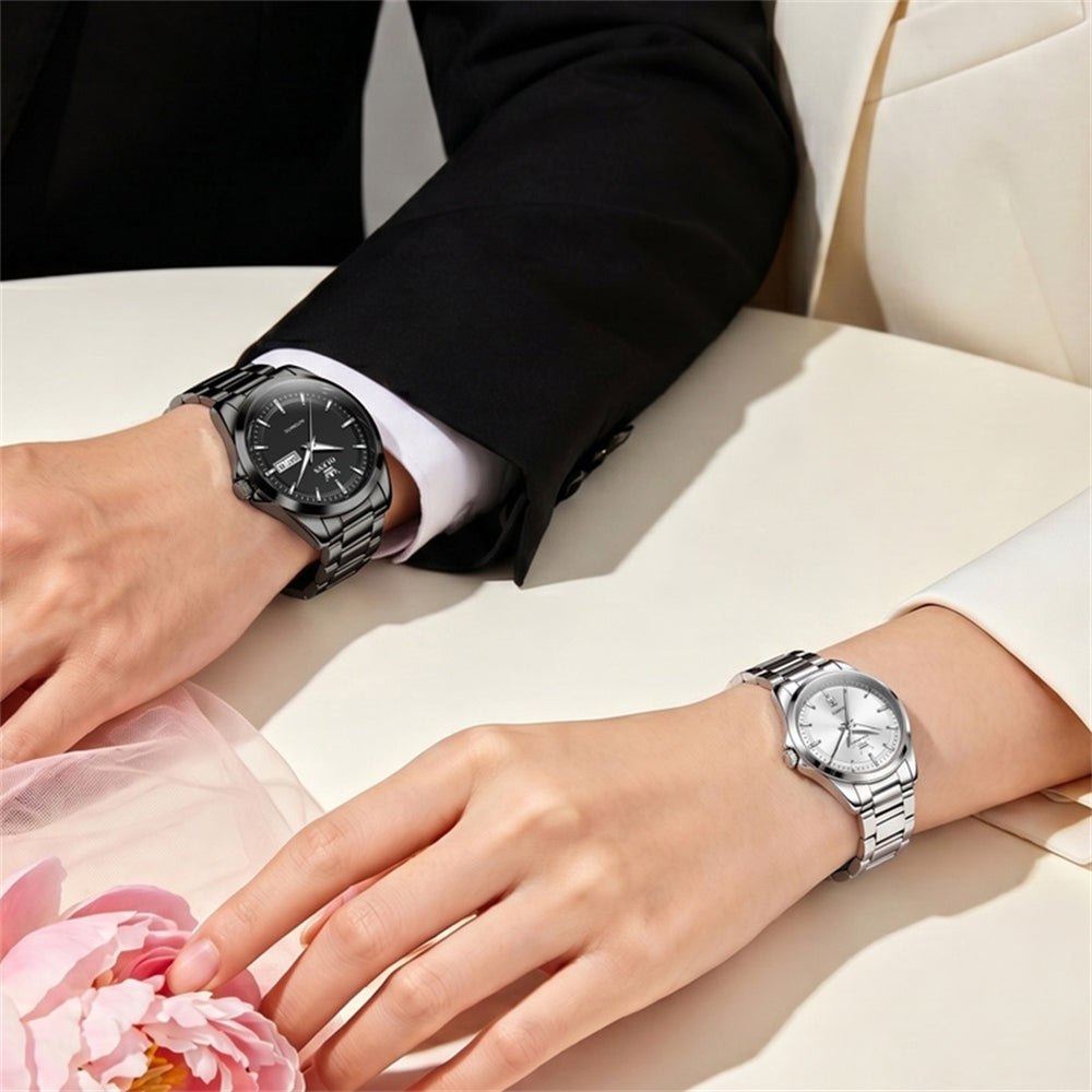 OLEVS 7090 all black men's and silver white women's watches on wrists