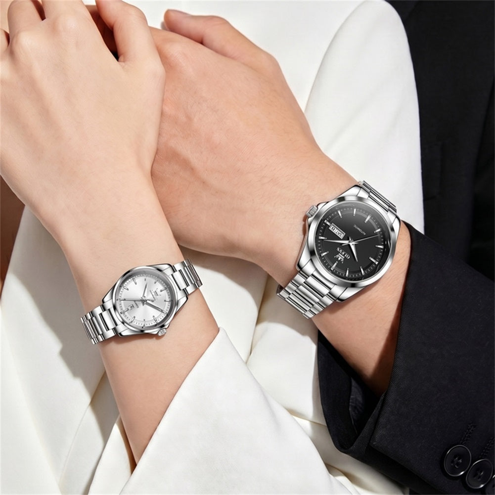 OLEVS 7090 silver black men's and silver white women's watches on wrists