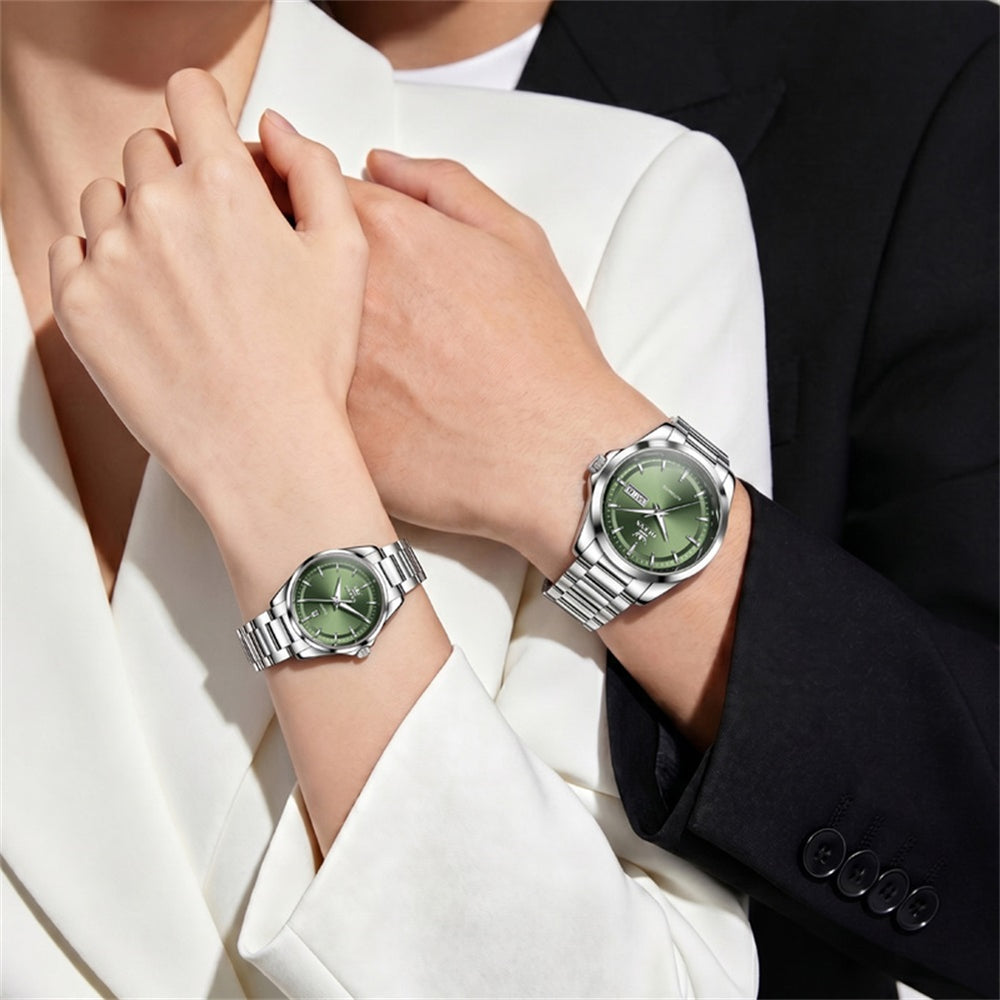 OLEVS 7090 silver green matching watches worn by a couple