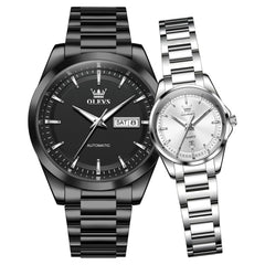 OLEVS 7090 all black men's watch and silver white women's watch pair