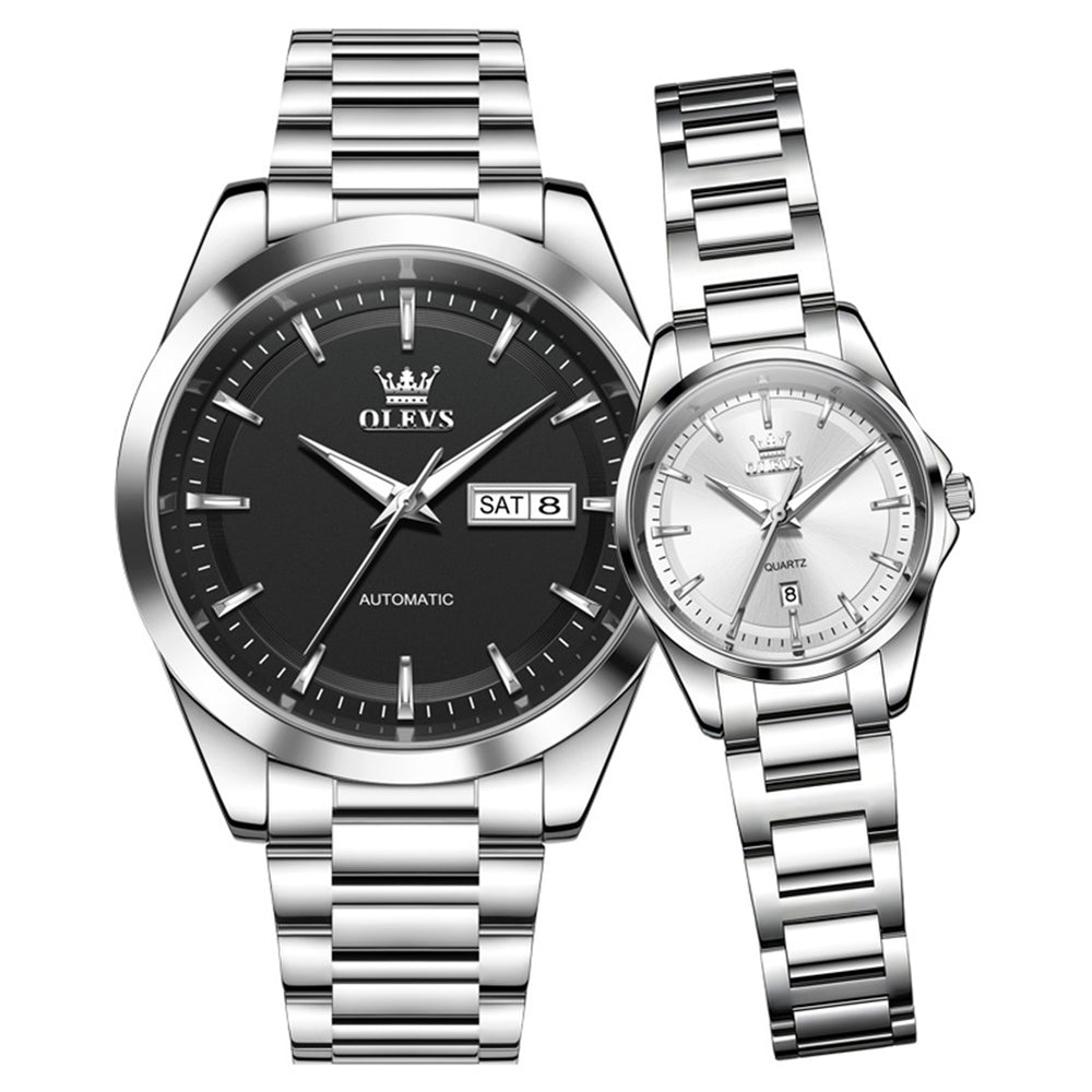 OLEVS 7090 silver black men's watch and silver white women's watch pair
