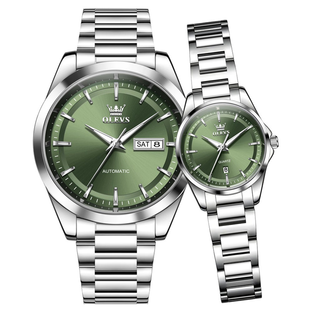 OLEVS 7090 couple watch set silver green automatic men and quartz women