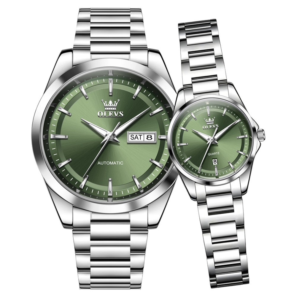 OLEVS 7090 couple watch set silver green automatic men and quartz women