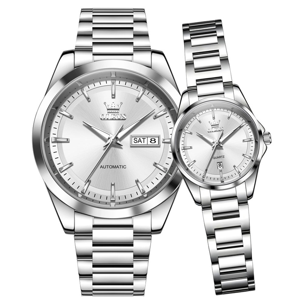 OLEVS 7090 couple watch set silver white automatic men and quartz women