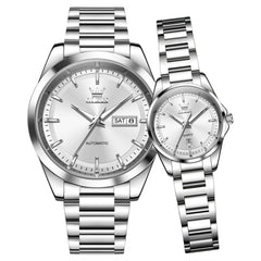 OLEVS 7090 couple watch set silver white automatic men and quartz women