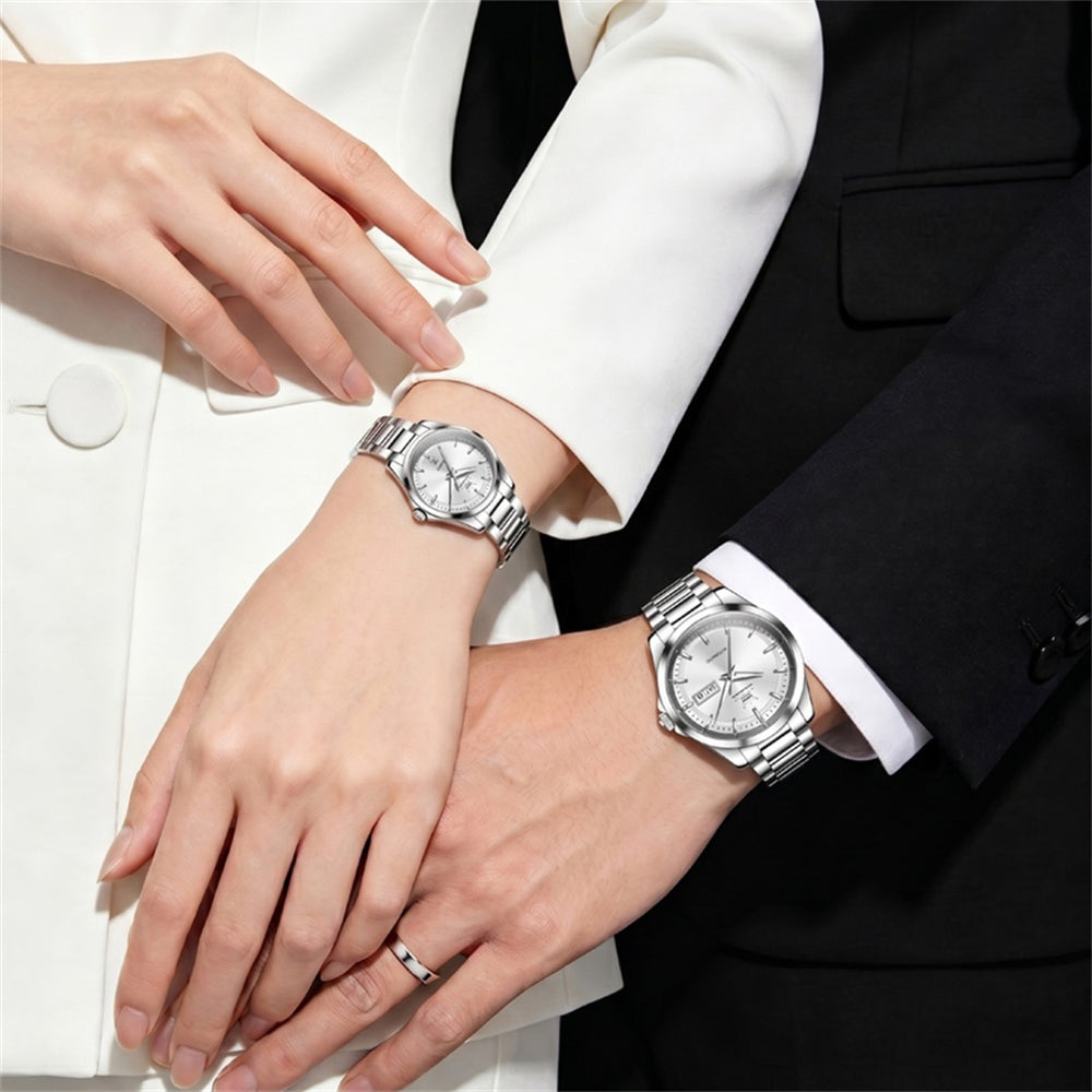 OLEVS 7090 silver white matching watches worn by a couple