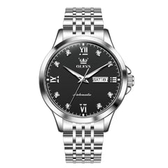 OLEVS 7092 Diamond Accent Dual Calendar Automatic Watch For Men - Silver Black Watch | Olevs Watch Store