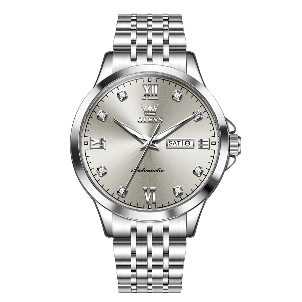 OLEVS 7092 Diamond Accent Dual Calendar Automatic Watch For Men - Silver Grey Watch | Olevs Watch Store