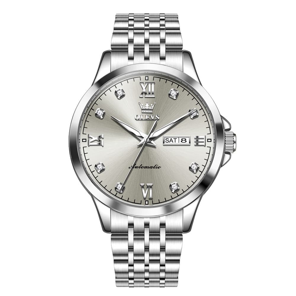 OLEVS 7092 Diamond Accent Dual Calendar Automatic Watch For Men - Silver Grey Watch | Olevs Watch Store