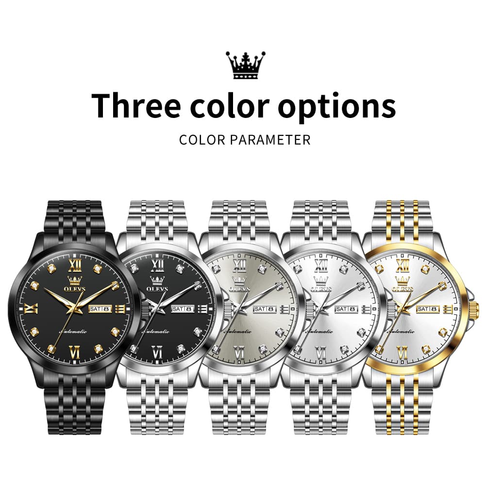 OLEVS 7092 Diamond Accent Dual Calendar Automatic Watch For Men - Silver White Watch | Olevs Watch Store
