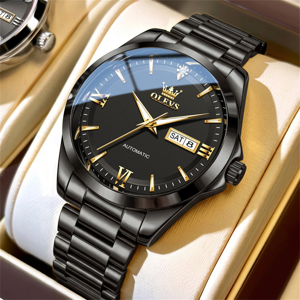 OLEVS 7099 all black automatic day date watch for men