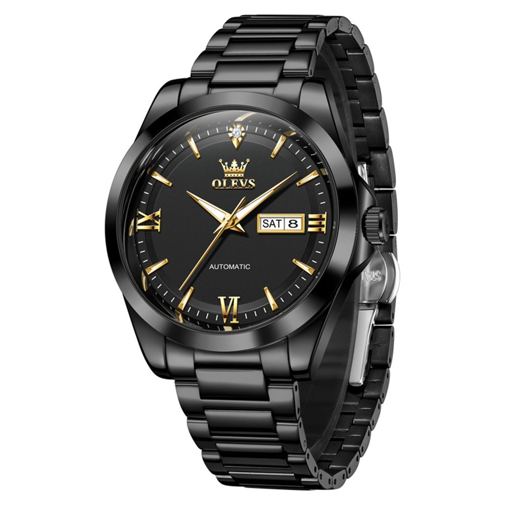 OLEVS 7099 all black automatic watch full view