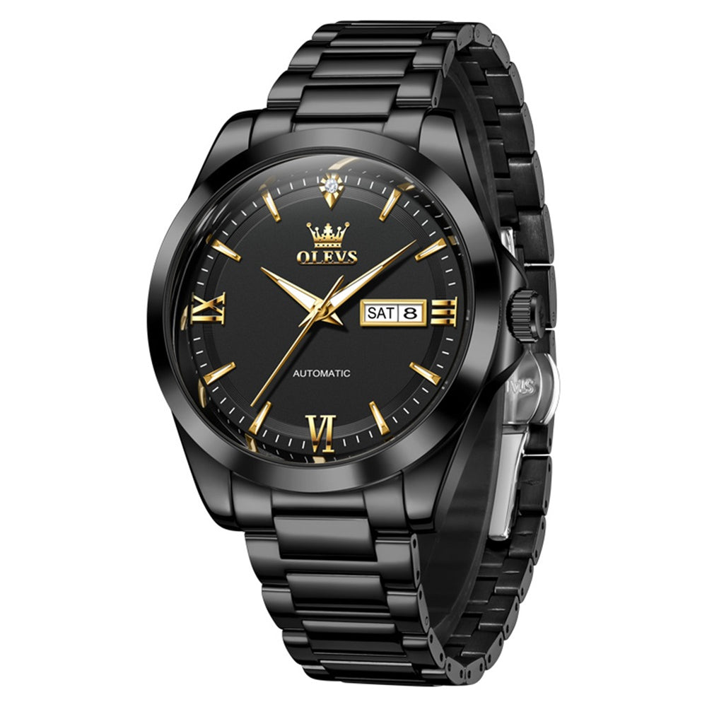 OLEVS 7099 all black automatic watch full view