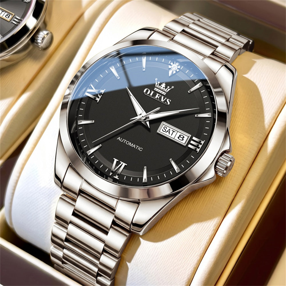 OLEVS 7099 silver black automatic day date watch for men