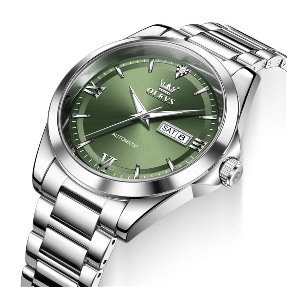 OLEVS 7099 silver green dial closeup