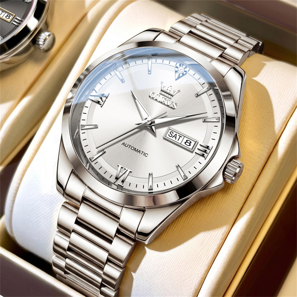 OLEVS 7099 silver white automatic day date watch for men