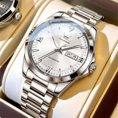 OLEVS 7099 silver white automatic day date watch for men