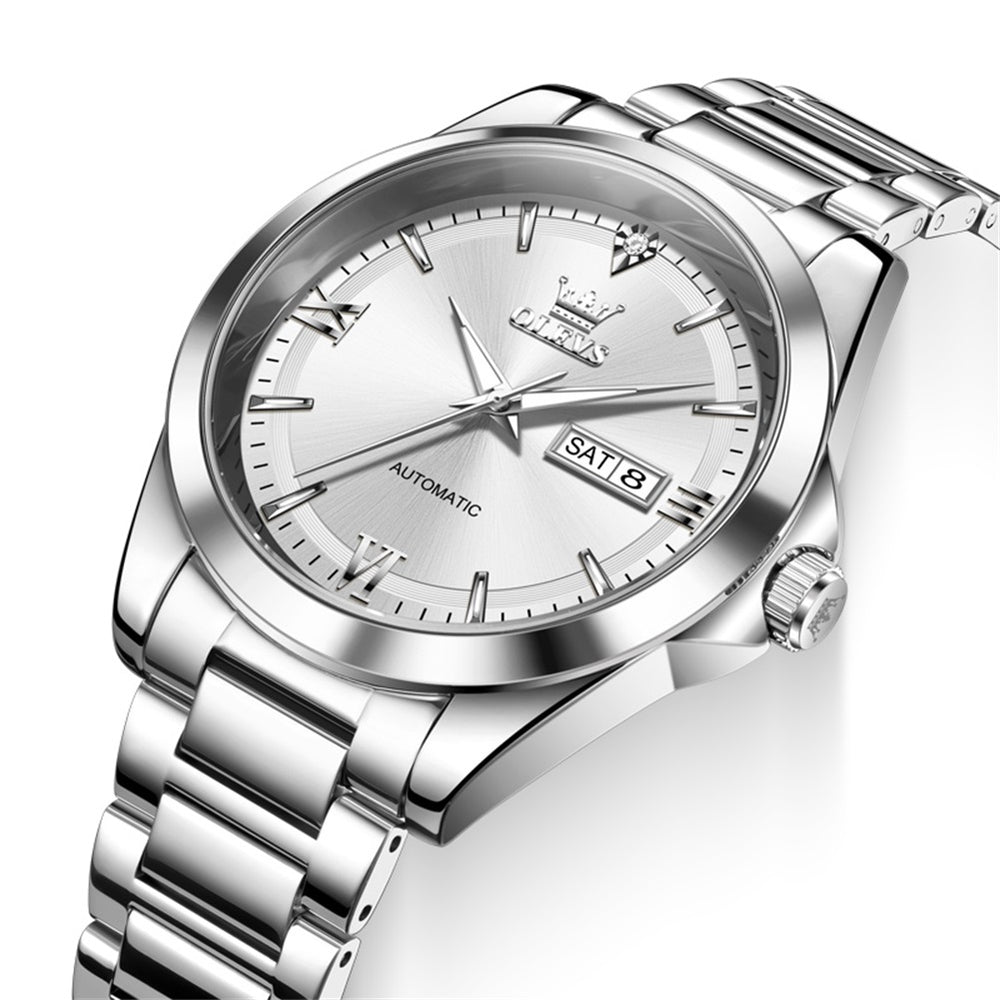 OLEVS 7099 silver white dial closeup