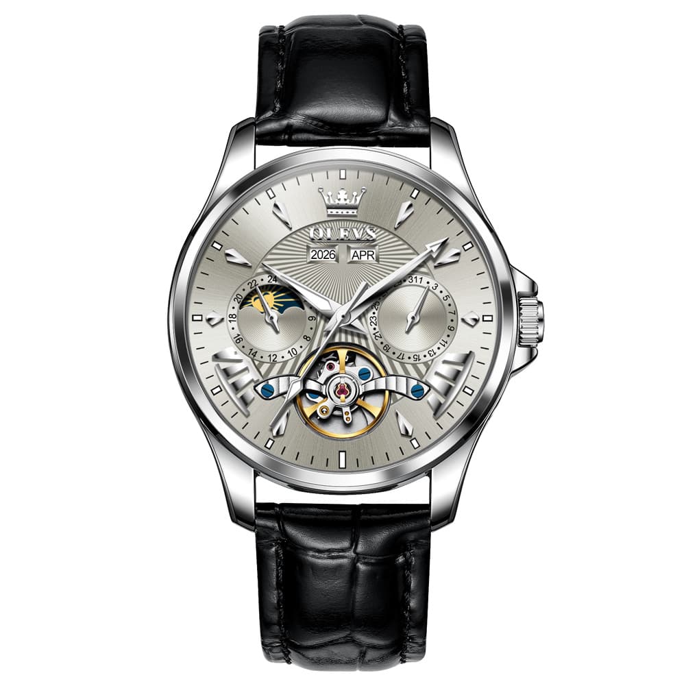 OLEVS 7103 Open Heart Leather Automatic Watch For Men - Silver White Watch | Olevs Watch Store