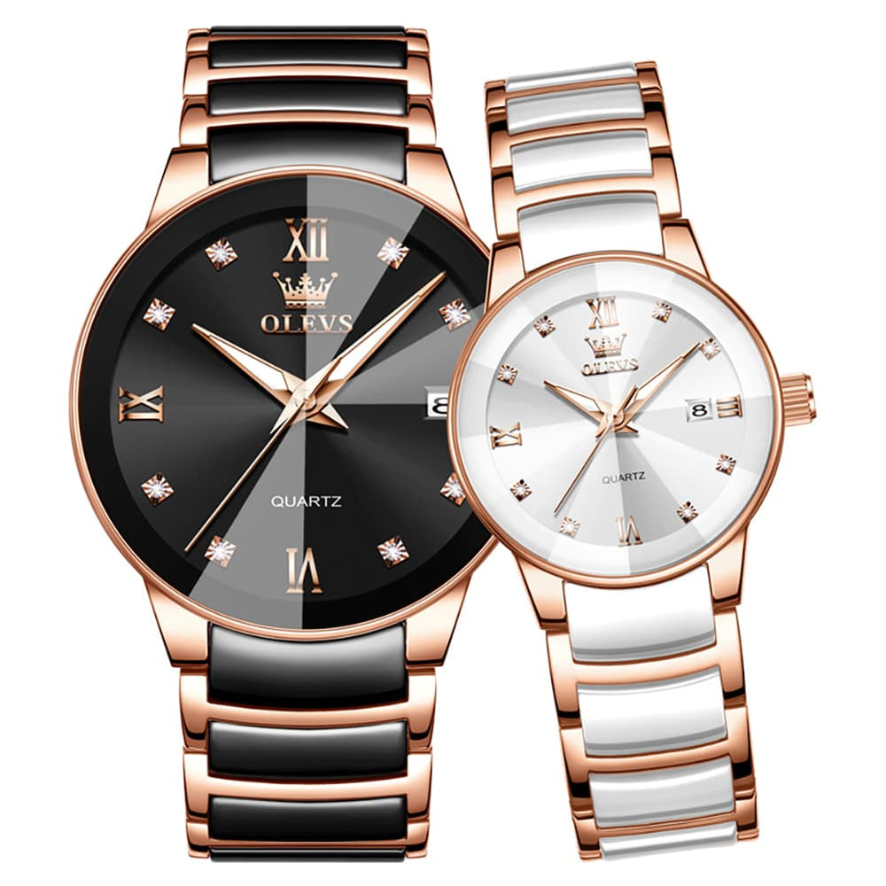 OLEVS 7114 Ceramic Link Watch Couple Date Diamond Accent Quartz Luxury Timepiece for Men and Women - Olevs Watch Store