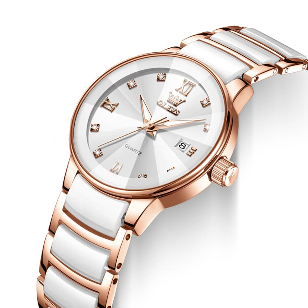 OLEVS 7114 Ceramic Link Watch Couple Date Diamond Accent Quartz Luxury Timepiece for Men and Women - Olevs Watch Store