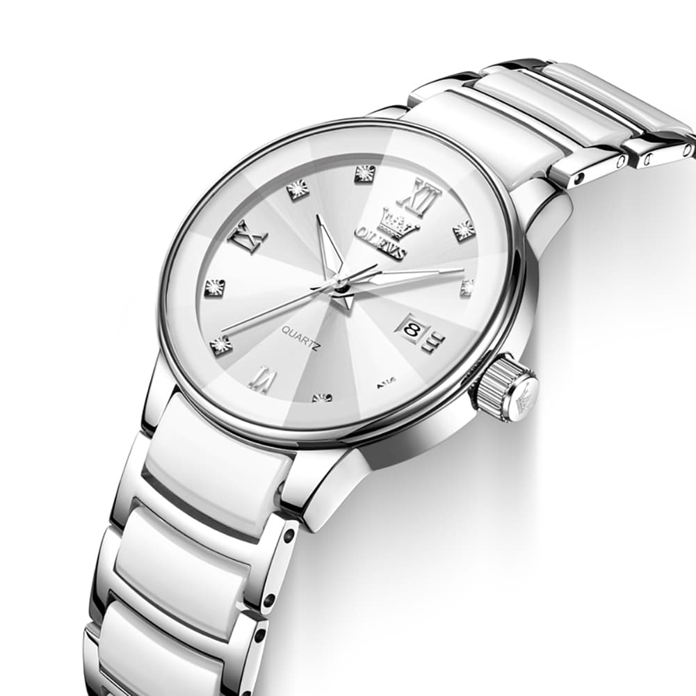 OLEVS 7114 Ceramic Link Watch Couple Date Diamond Accent Quartz Luxury Timepiece for Men and Women - Olevs Watch Store