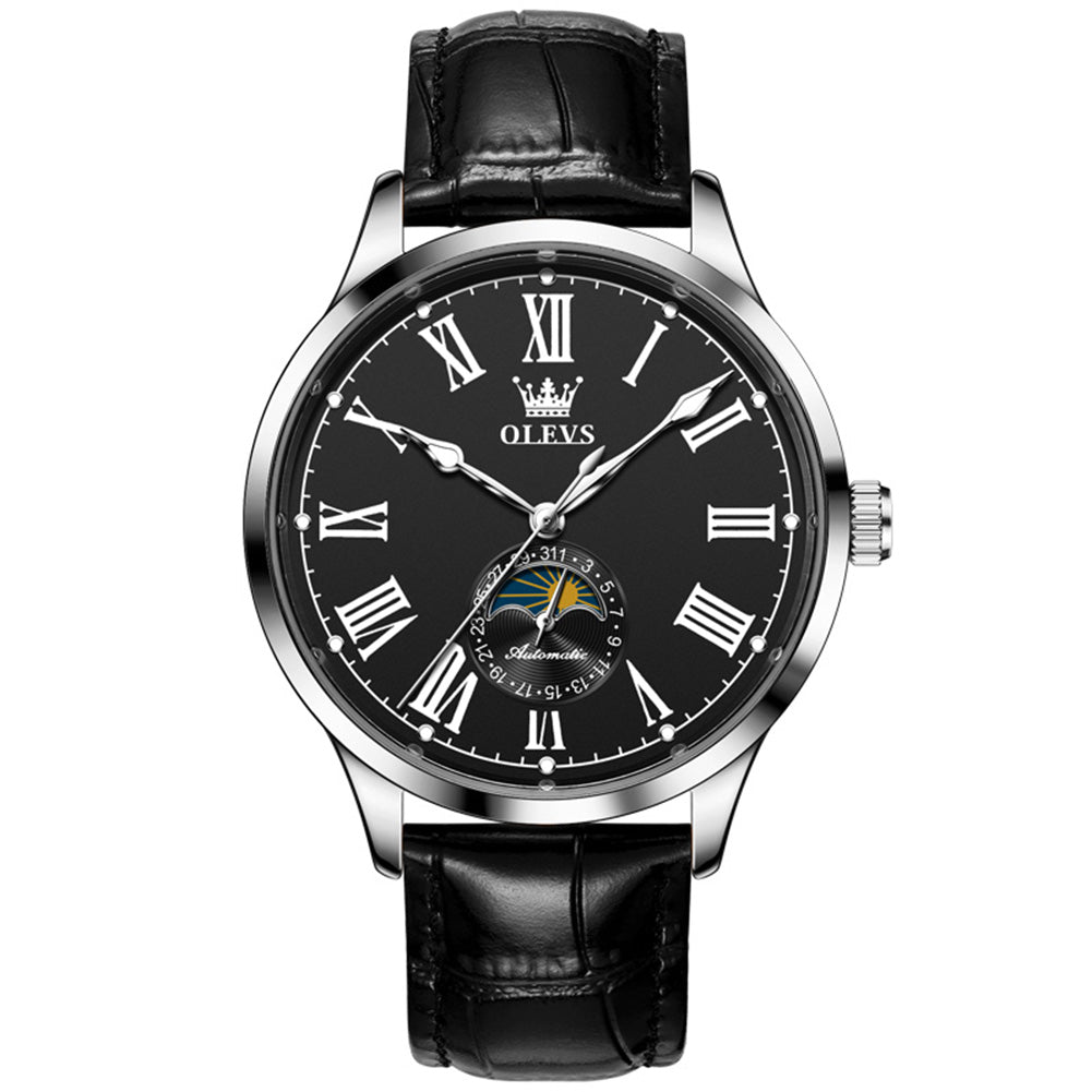 OLEVS 7118 Silver Black automatic leather watch