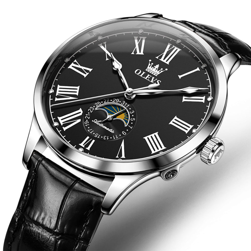 OLEVS 7118 Silver Black automatic leather watch