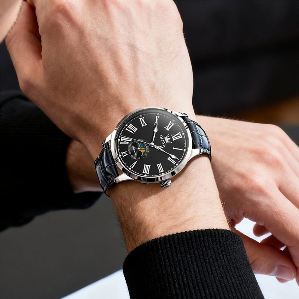 OLEVS 7118 Silver Black automatic leather watch