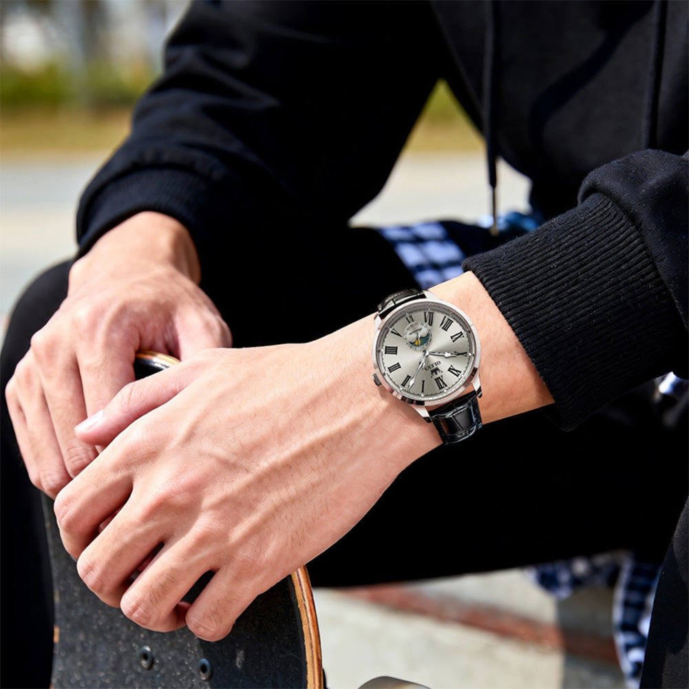 OLEVS 7118 Silver Gray automatic leather watch
