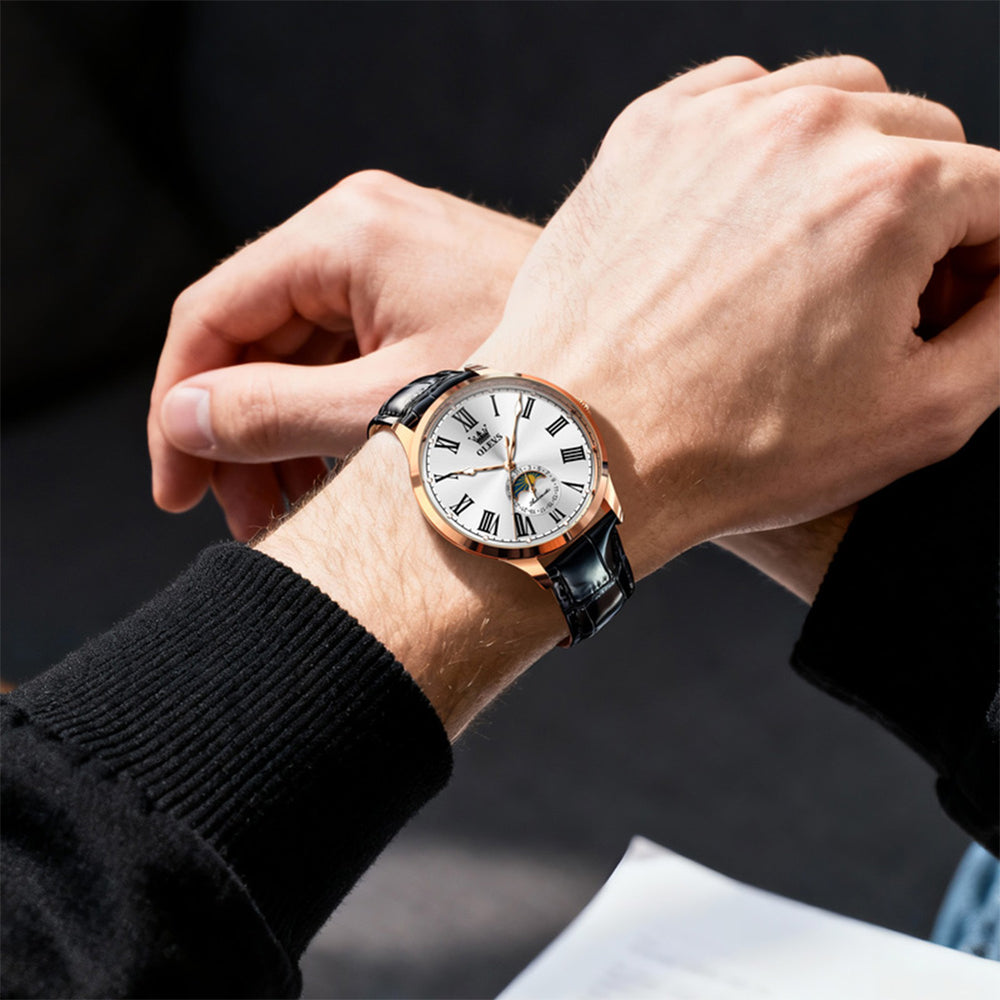 OLEVS 7118 Rose Gold White automatic leather watch