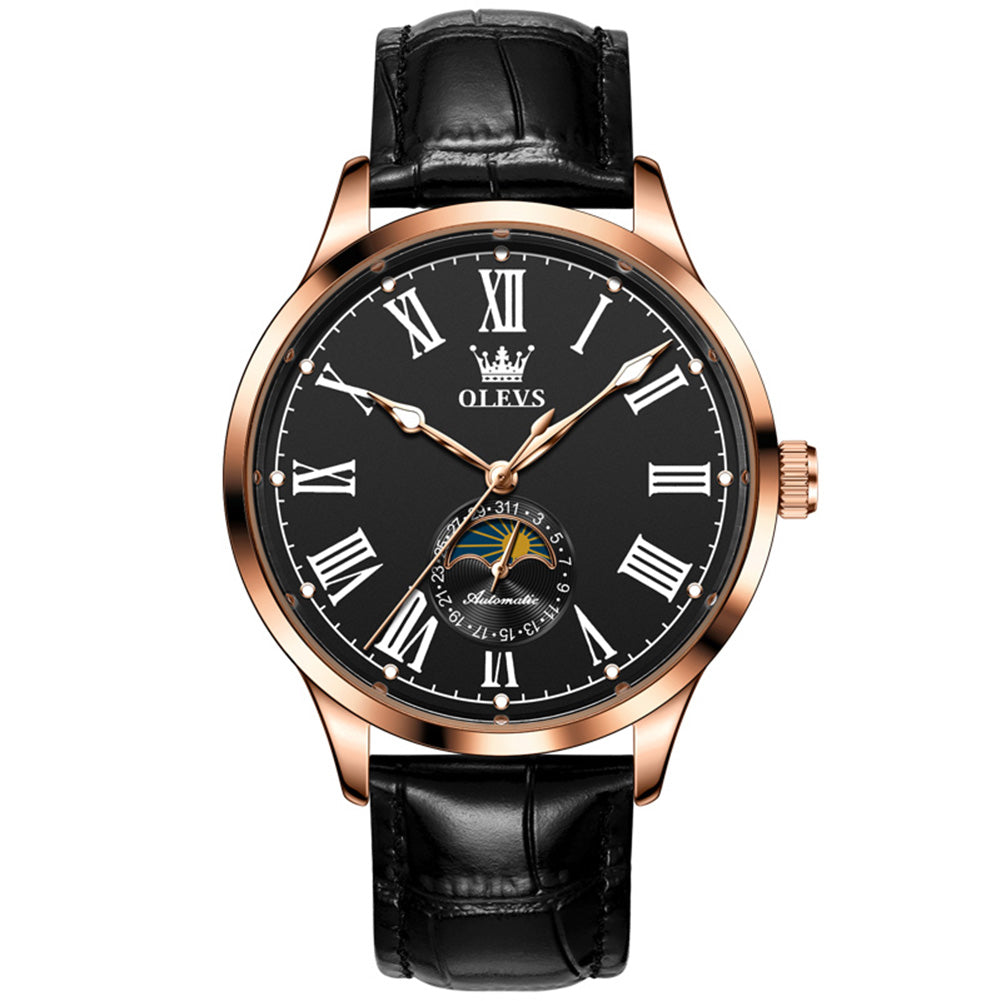 OLEVS 7118 Rose Gold Black automatic leather watch