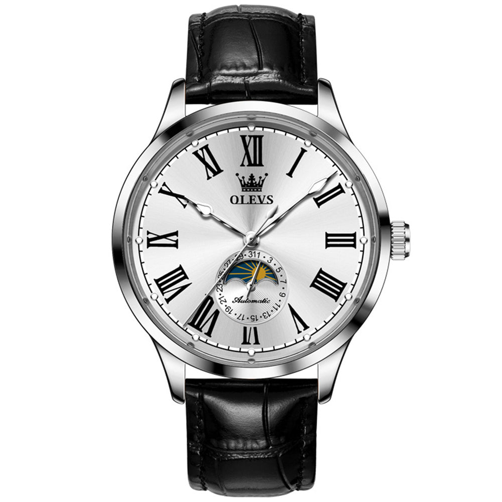 OLEVS 7118 Silver White automatic leather watch