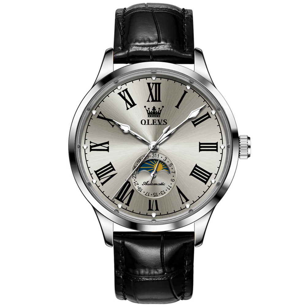 OLEVS 7118 Silver Gray automatic leather watch