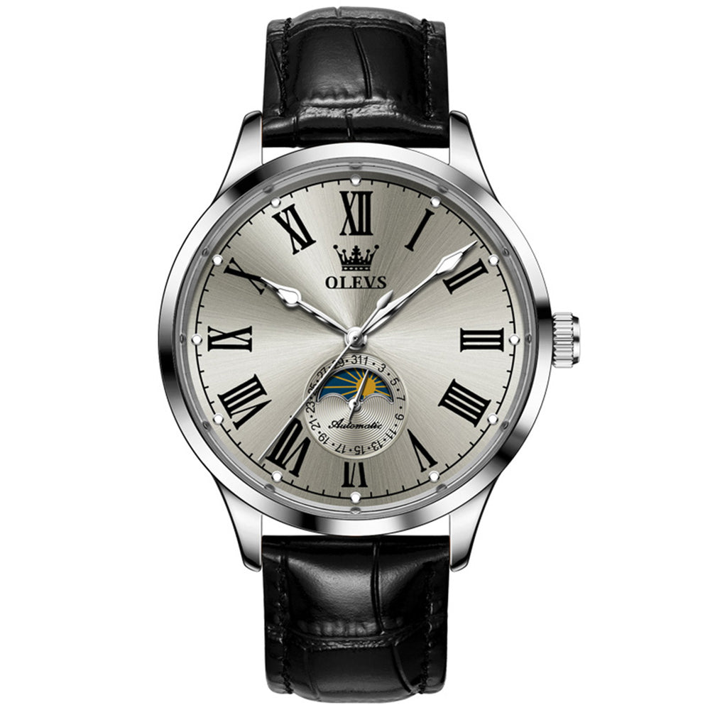OLEVS 7118 Silver Gray automatic leather watch