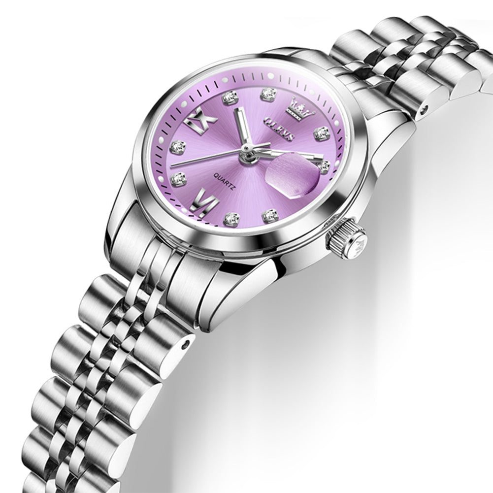 OLEVS 7133 purple dial and date lens close-up