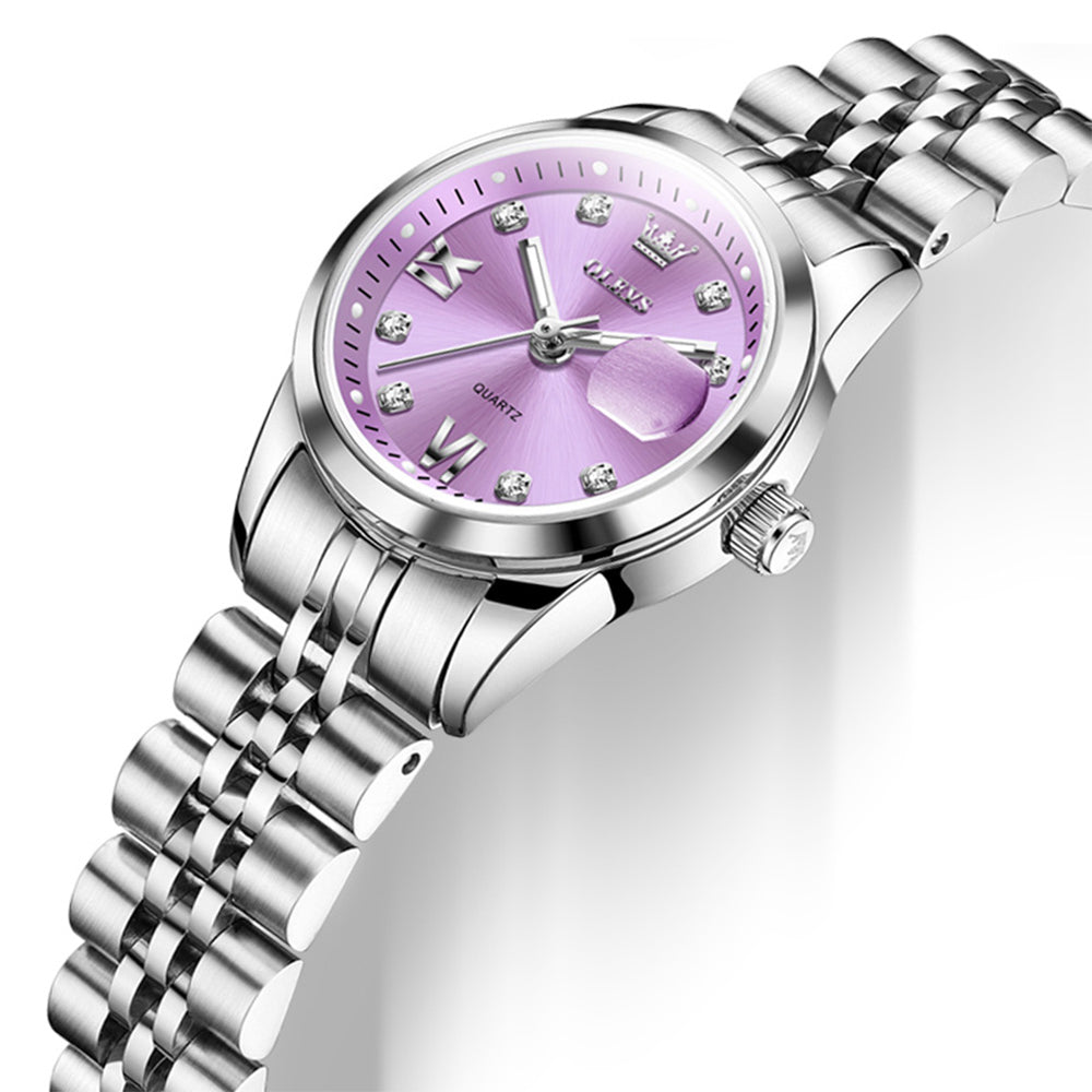 OLEVS 7133 purple dial and date lens close-up
