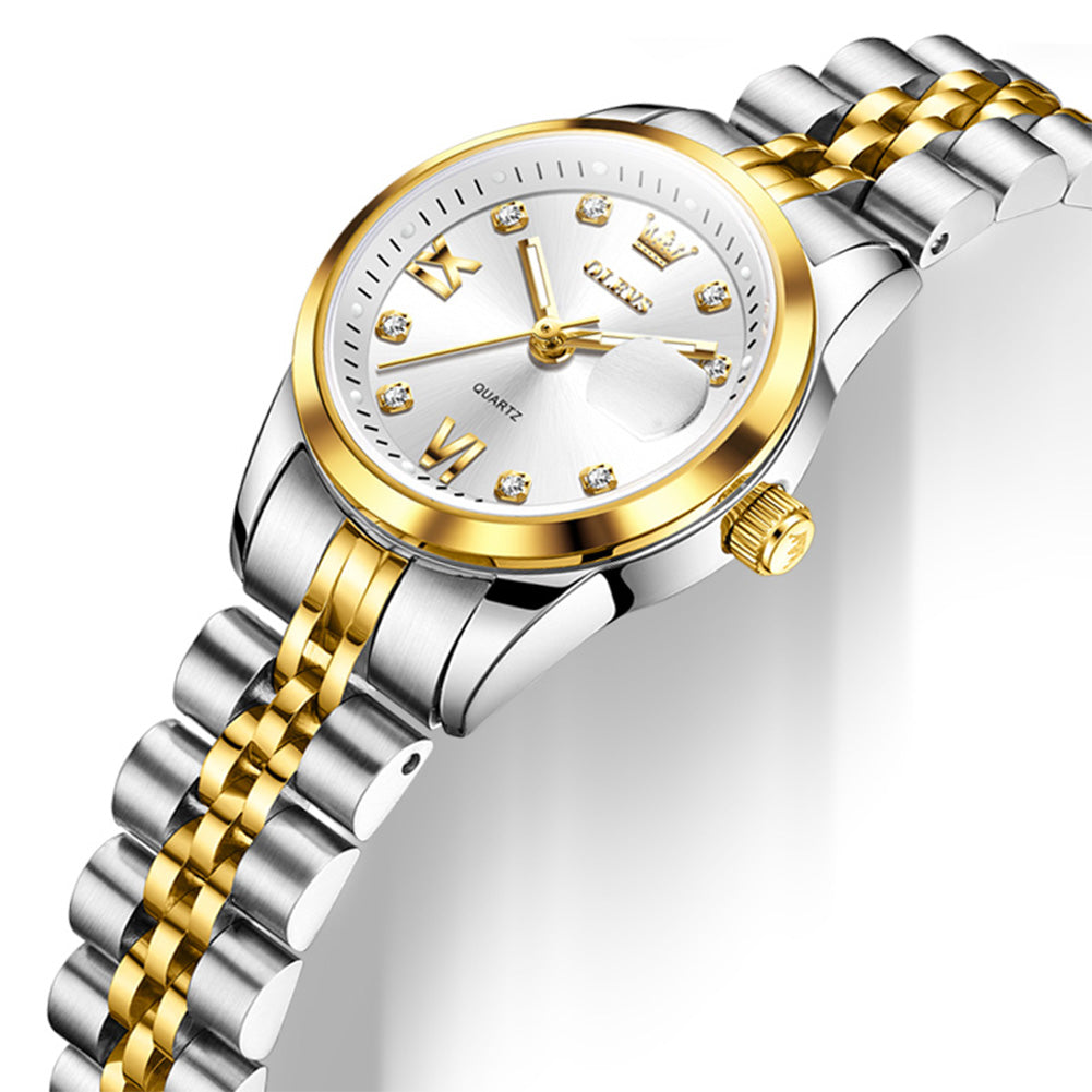 OLEVS 7133 two tone bracelet and white dial close-up