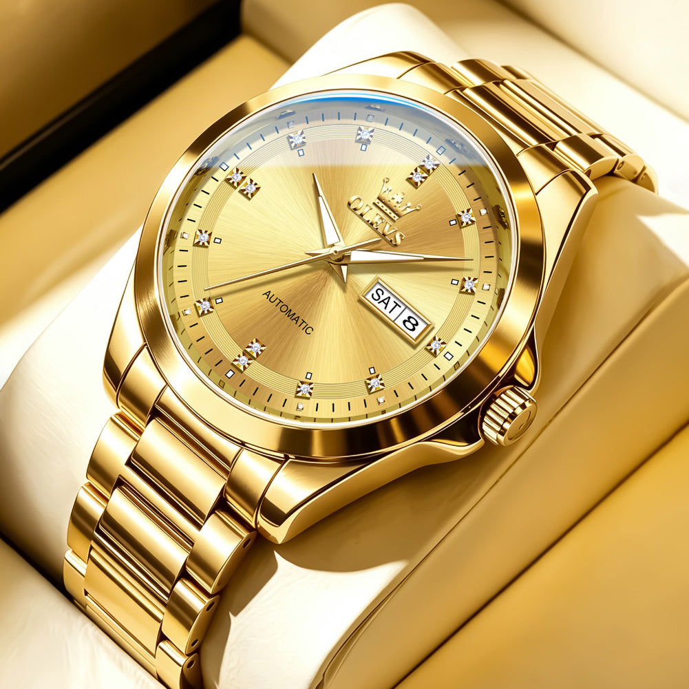 OLEVS 7136 Gold automatic watch studio closeup