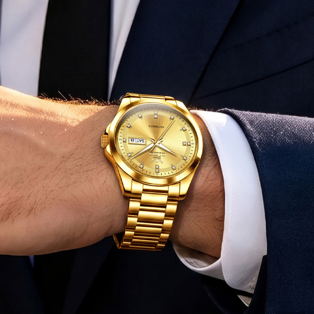 OLEVS 7136 Gold watch worn with business attire