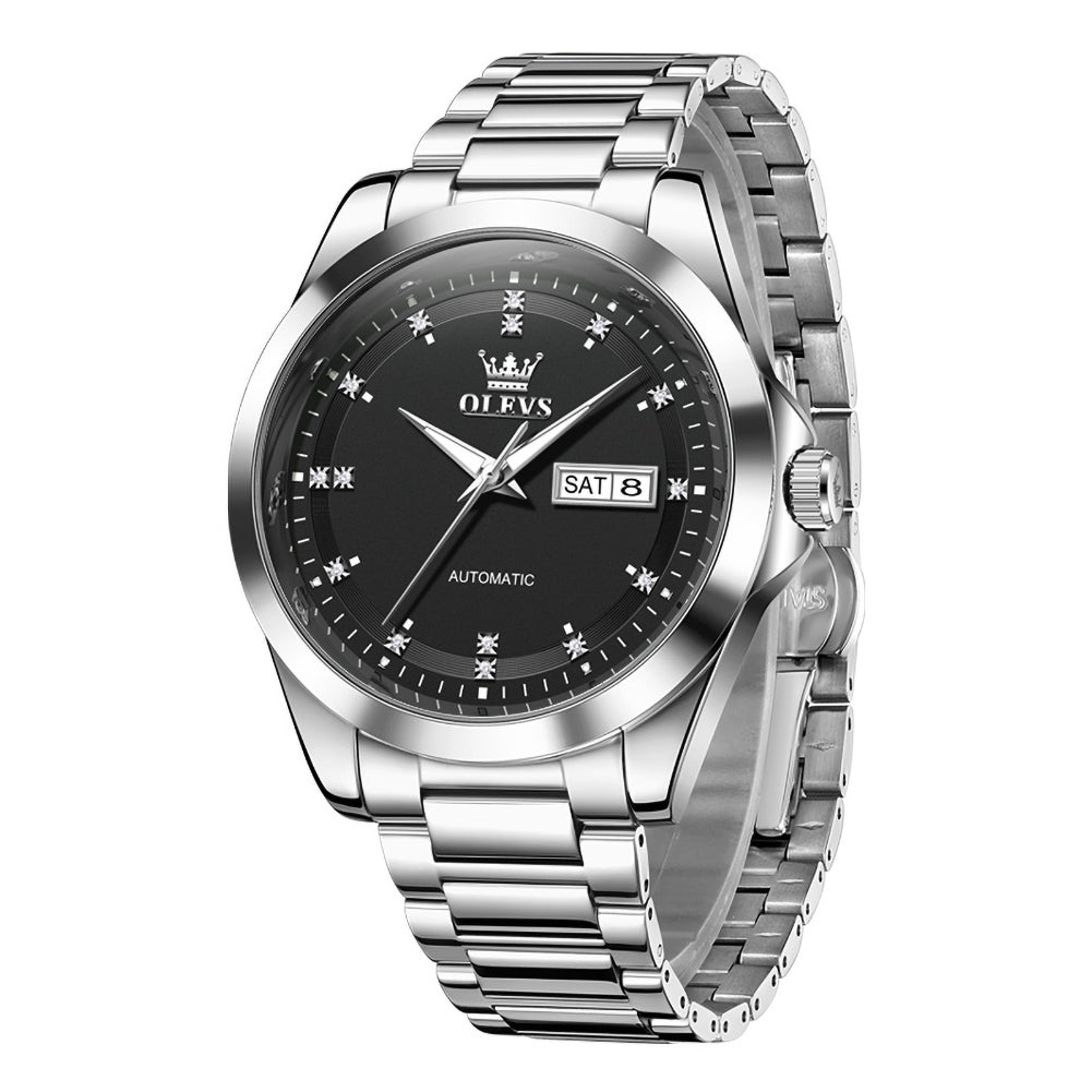 OLEVS 7136 Silver Black automatic day date watch front view