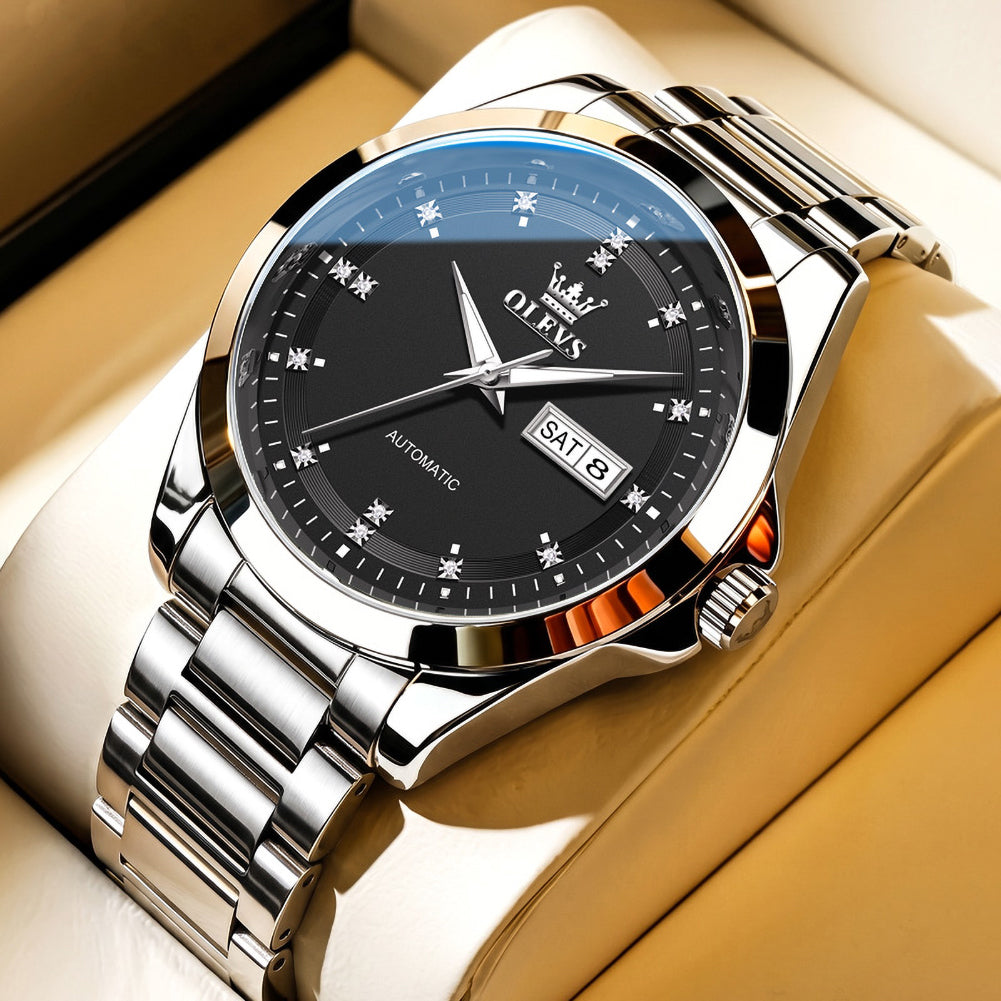 OLEVS 7136 Silver Black watch studio closeup