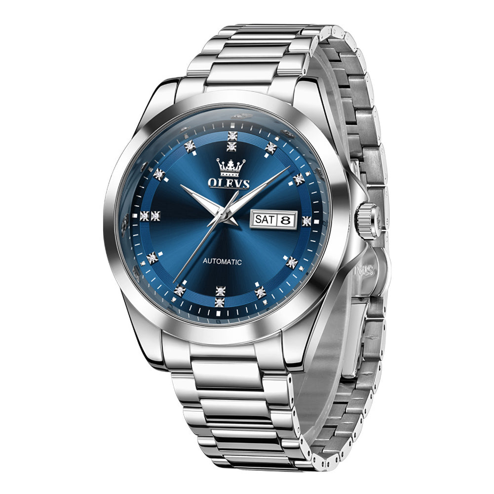 OLEVS 7136 Silver Blue automatic day date watch front view