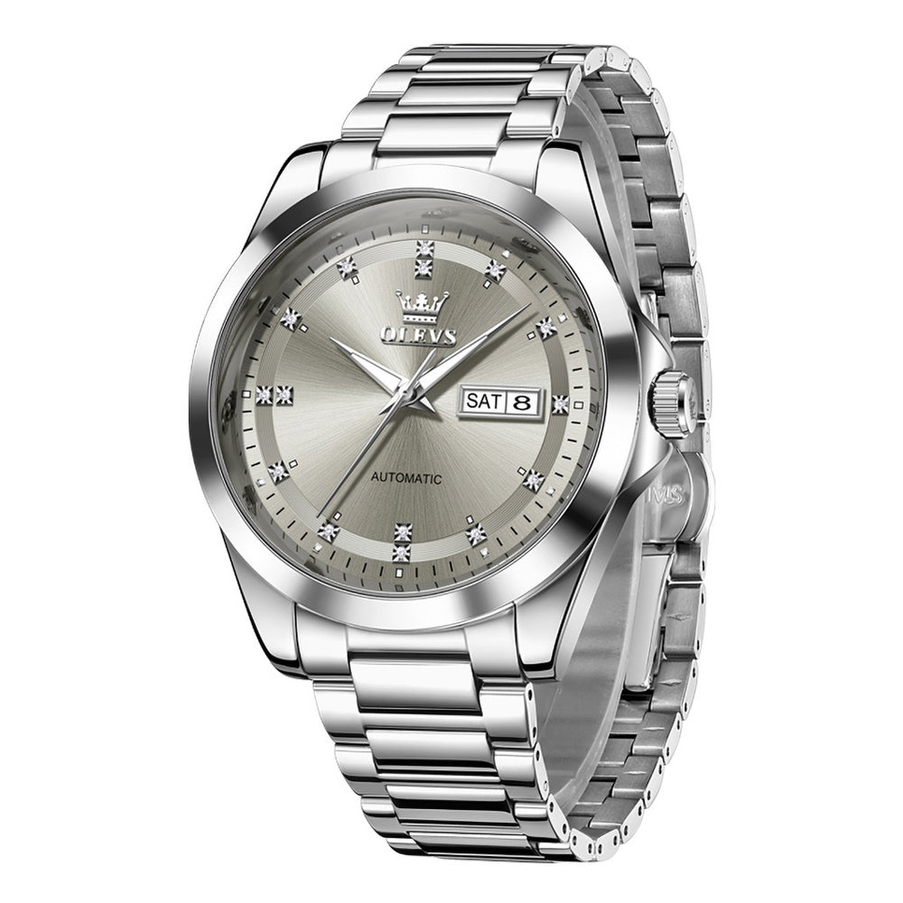 OLEVS 7136 Silver Gray automatic day date watch front view
