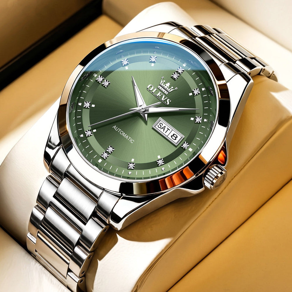 OLEVS 7136 Silver Green watch studio closeup