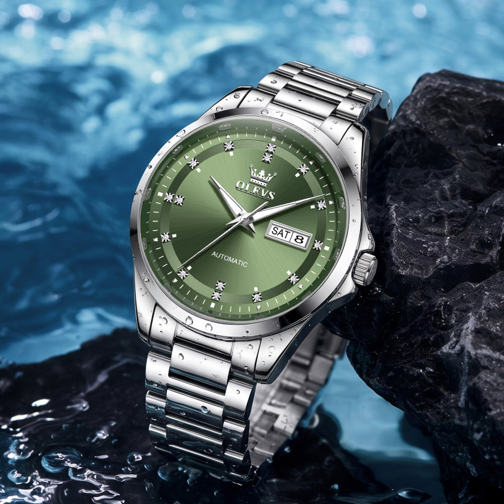 OLEVS 7136 Silver Green water resistant watch