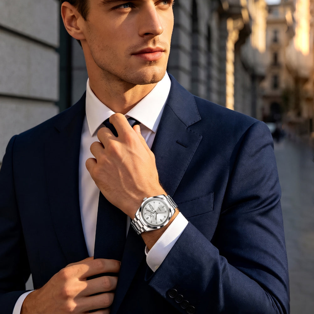 OLEVS 7136 Silver White watch with formal business styling